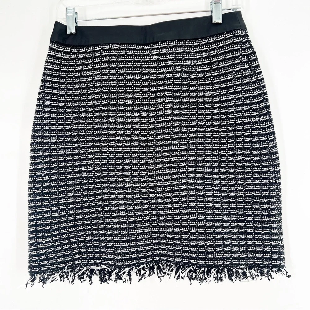 Tory Burch Tweed Raffia Fringe Stripe Skirt Leather Trim Black/White Size 6 NWT!